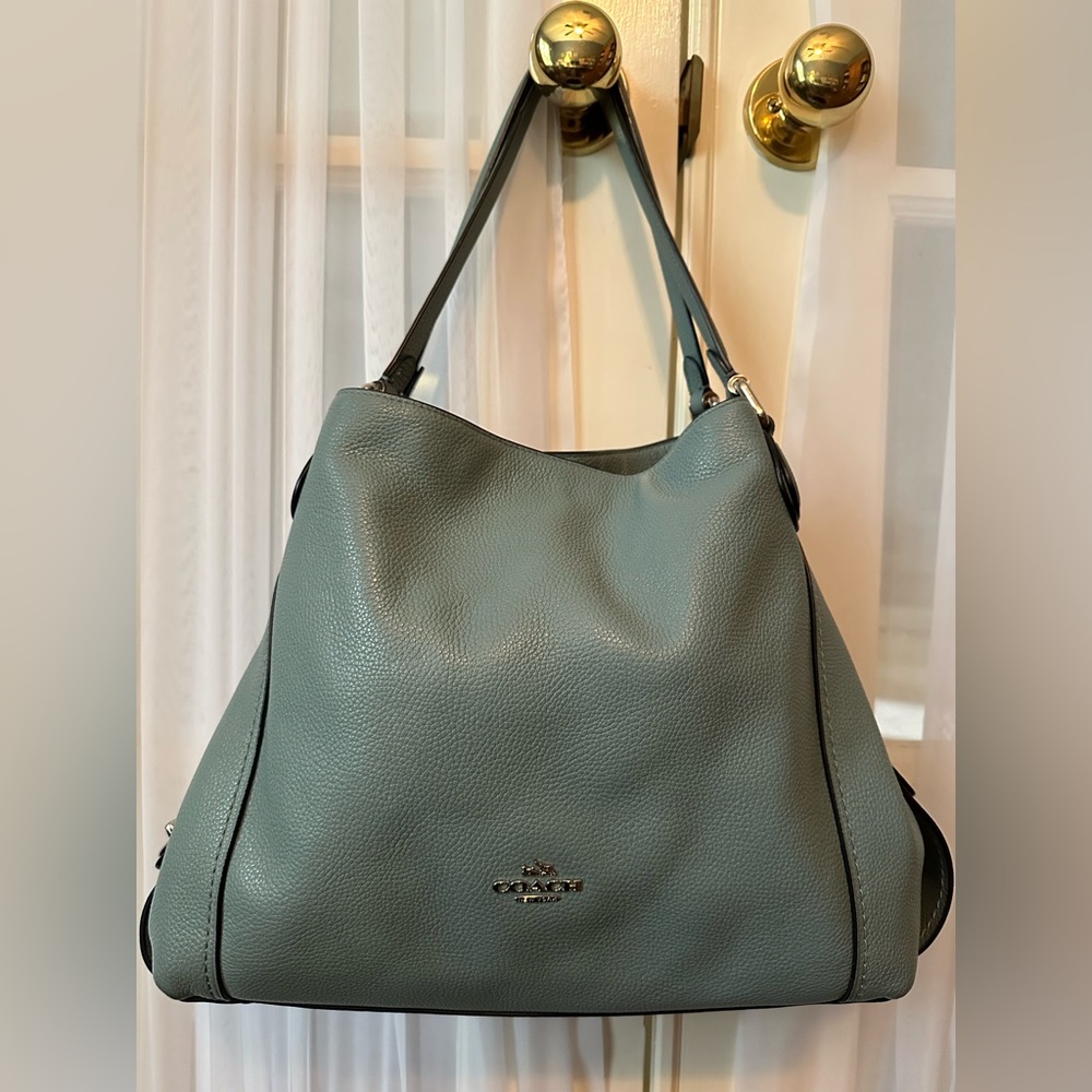 Light blue gray pebbles leather Coach shoulder bag